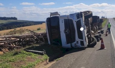 Caminhão carregado de toras tomba ao desviar de ônibus escolar em Porto Velho