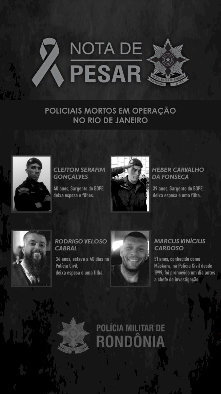 Polícia Militar de Rondônia lamenta morte de policiais em operação no Rio de Janeiro