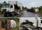 Colisão entre caminhão-baú e caminhão-tanque causa destruição na BR-364 próximo a Extrema