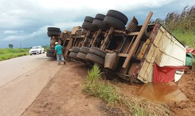 Caminhão tomba na BR-435 após desviar de buraco na pista em Rondônia