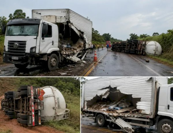 Colisão entre caminhão-baú e caminhão-tanque causa destruição na BR-364 próximo a Extrema