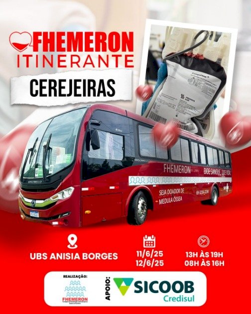 Campanha de Doação de Sangue será realizada em Cerejeiras nesta quarta (11) e quinta-feira (12)