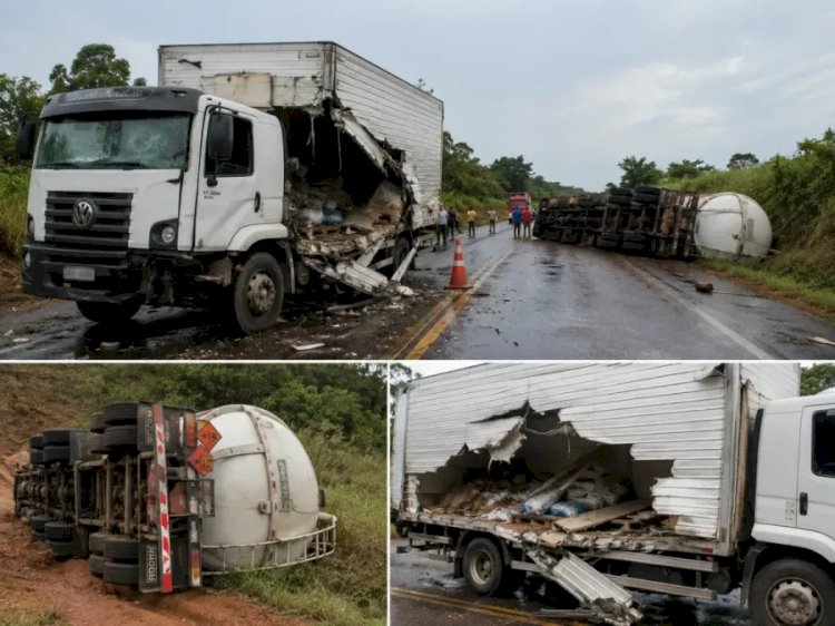 Colisão entre caminhão-baú e caminhão-tanque causa destruição na BR-364 próximo a Extrema