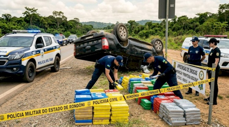 Caminhonete capota durante fuga e polícia apreende cerca de 530 quilos de drogas em Rondônia